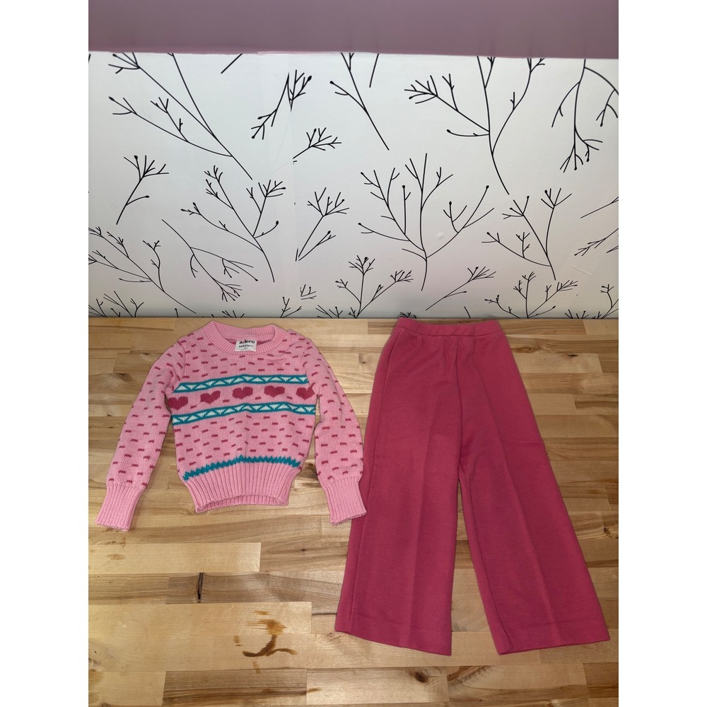 Vintage Aileen Toddler Pink Heart Fair Isle Knit Sweater & Wide Leg Pants Set 4T
